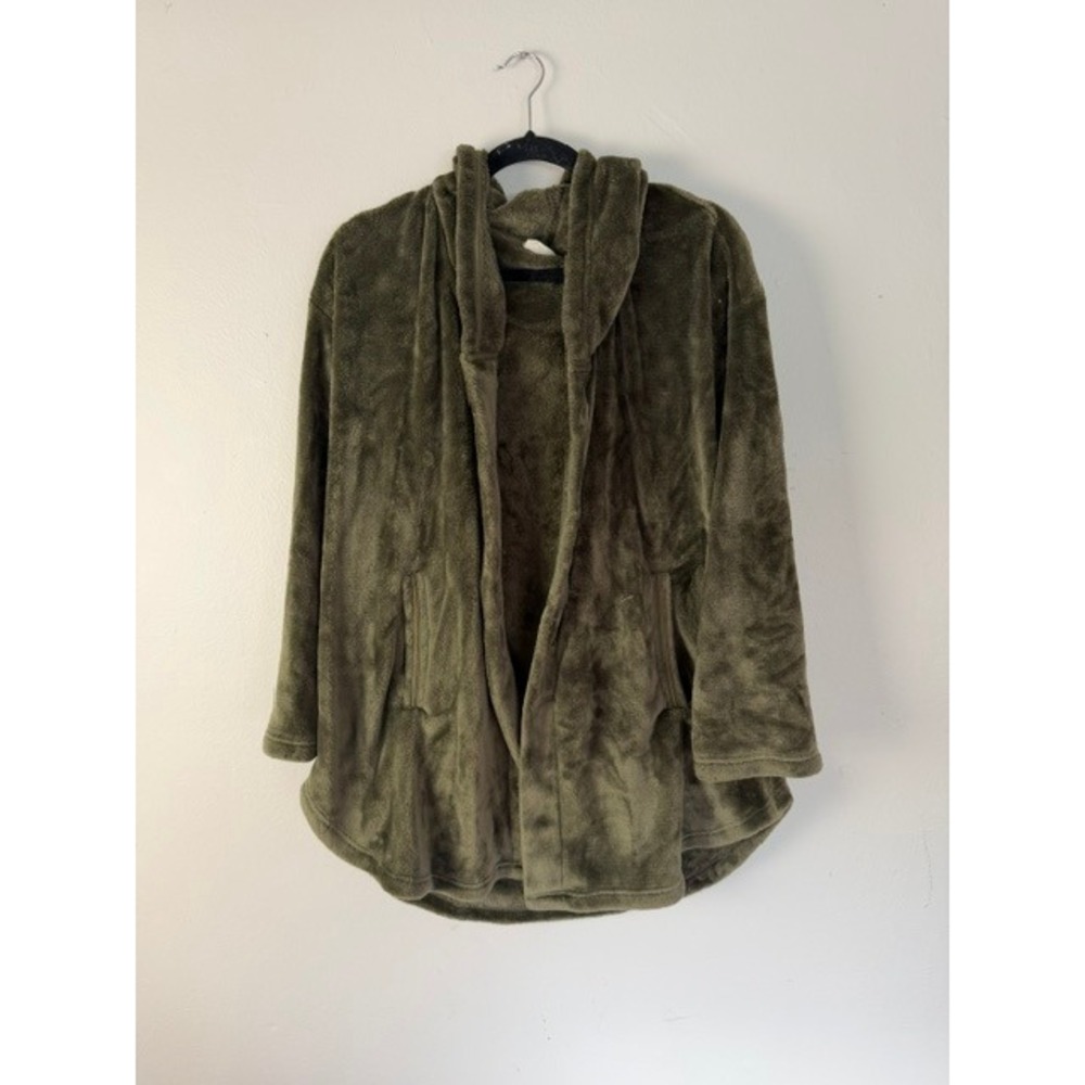 Under Women Olive Green Plush Fleece Hooded Open Front Cardigan XS/S
